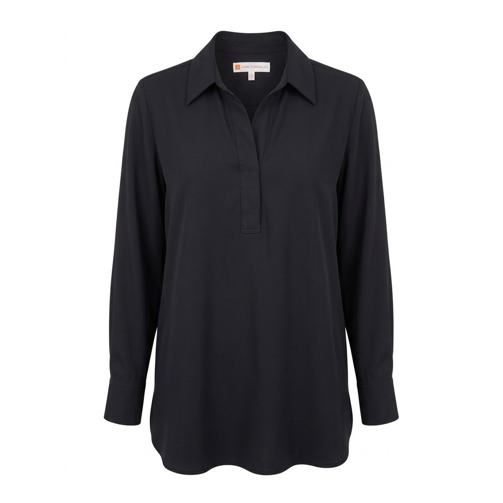 Jude Connally Black V-Neck Tunic Top Long Sleeve Pleated Back Size Large 301192